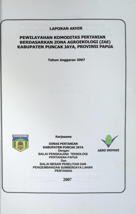 Cover WILAYAH KOMODITAS PERTANIAN BERDASARKAN ZONA AGREOKOLOGI (ZAE) KABUPATEN PUNCAK JAYA-PROVINSI PAPUA
