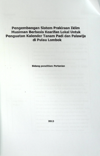 Cover PENGEMBANGAN SISTEM PRAKIRAAN IKLIM MUSIMAN BERBASIS KEARIFAN LOKAL UNTUK PENGUATAN KALENDER TANAM PADI DANPALAWIJA DIPULAU LOMBOK