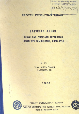 Cover LAPORAN AKHIR SURVEI DAN PEMETAAN KAPABILITAS LAHAN WPP NIMBOKRANG, IRIAN JAYA