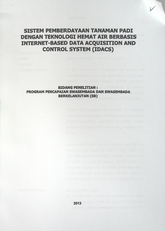 Cover SISTEM PEMBERDAYAAN TANAMAN PADI DENGAN TEKNOLOGI HEMAT AIR  BERBASIS INTERNET-BASED DATA ACQUISITION AND CONTROL SISTEM (IDACS)