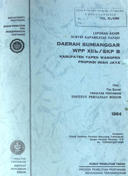 Cover SURVEI KT DAERAH SUMIANGGAR WPP XII B, SKP B KAB. YAPEN WAROPEN PROVINSI. IRIAN JAYA