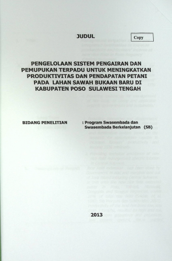 Cover PENGELOLAAN SISTEM PENGAIRAN DAN PEMUPUKAN TERPADU UNTUK MENINGKATKAN PRODUKTIVITAS DAN PENDAPATAN PETANI PADA LAHAN SAWAH BUKAAN BARU DI KABUPATEN POSO SULAWESI TENGAH