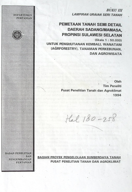 Cover PEMETAAN TANAH DAERAH SADANG-MAMASA, PROVINSI SULAWESI SELATAN 1994
