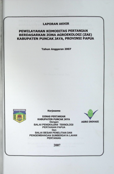 Cover PEWILAYAHAN KOMODITAS PERTANIAN BERDASARKAN ZONA AGROEKOLOGI (ZAE) KABUPATEN PUNCAK JAYA-PROVINSI PAPUA