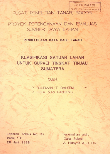 Cover PUSAT PENELITIAN TANAH, BOGOR PENGELOLAAN DATA BASE TANAH KLASIFIKASI  SATUAN LAHAN UNTUK SURVEI TINGKAT SUMATRA