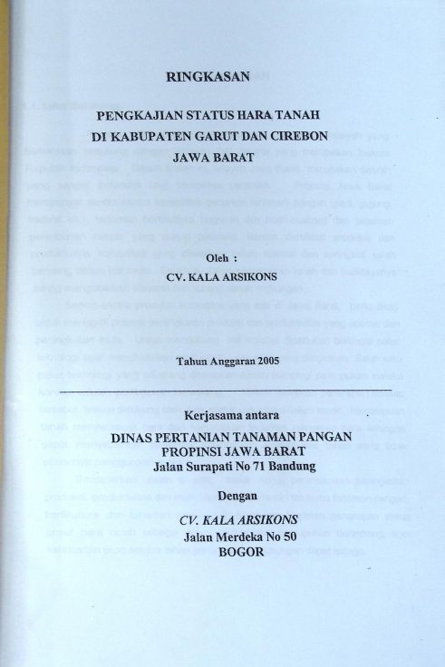Cover RINGKASAN PENGKAJIAN STTIS HARA TANAH DIKABUPATEN GARUT CIREBON JAWA BARAT