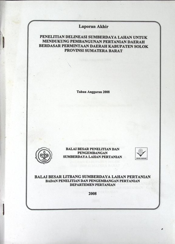 Cover LAPORAN AKHIR PENELITIAN DELINE SUMBERDAYA LAHAN UNTUK MENDUKUNG PEMBANGUNAN PERTANIAN DAERA