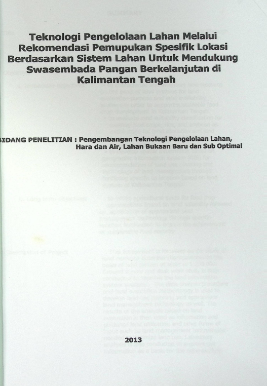 Cover TEKNOLOGI PENGELOLAAN LAHAN MELALUI REKOMENDASI PEMUPUKAN SPESIFIK LOKASI BERDASARKAN SISTEM LAHAN UNTUK MENDUKUNG SWASEMBADA PANGAN BERKELANJUTAN DI KALIMANTAN TENGAH